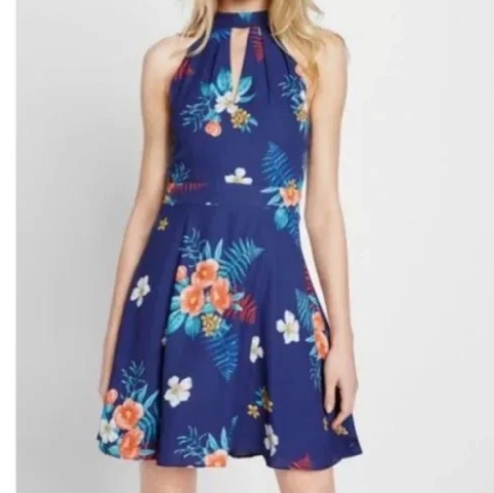 Express NWT Romantic Girly Blue Tropical Luau Floral Halter Neck Dress size 14 - Picture 1 of 11